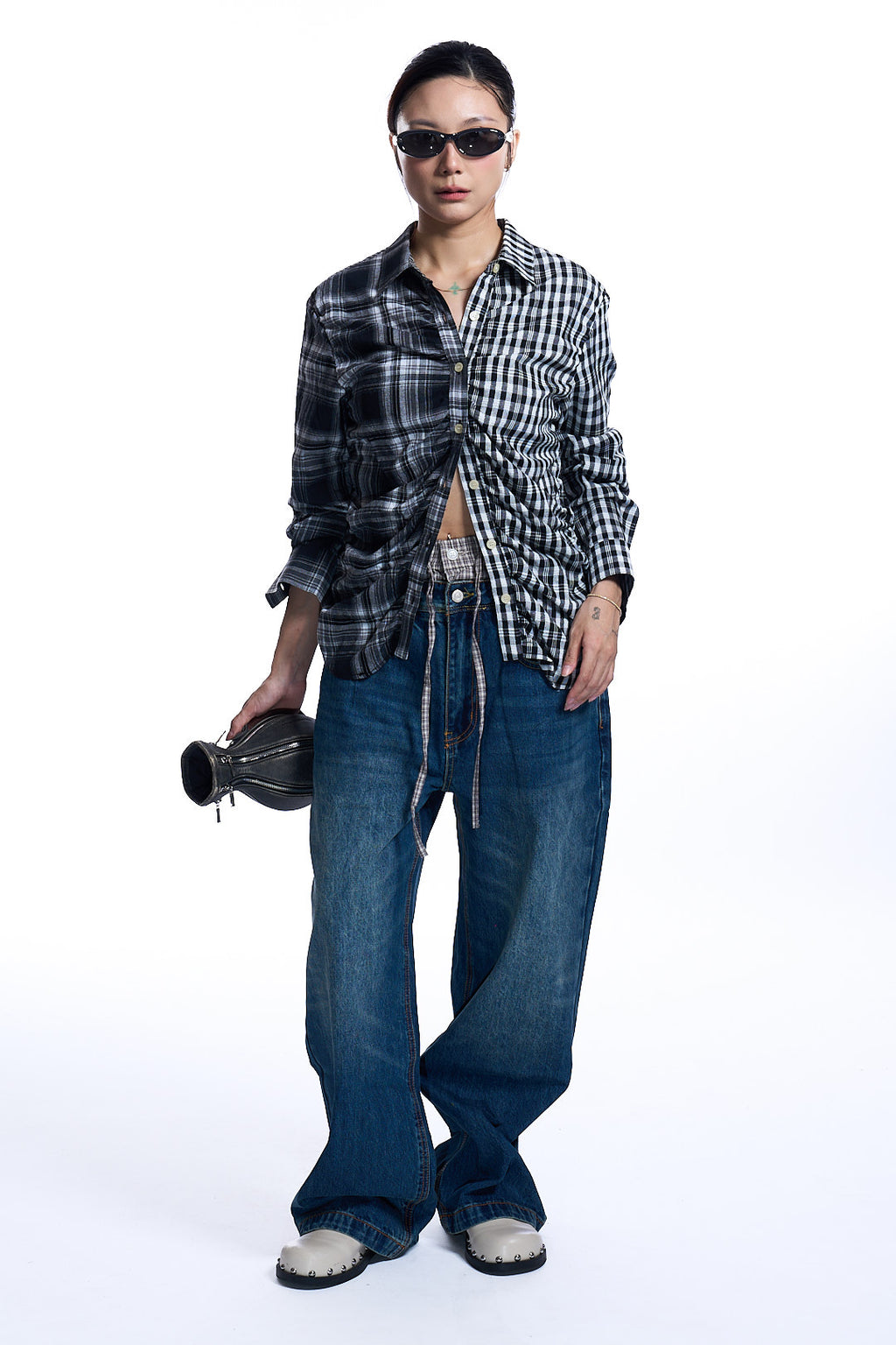 SHIRRED CHECK SHIRT BLACK