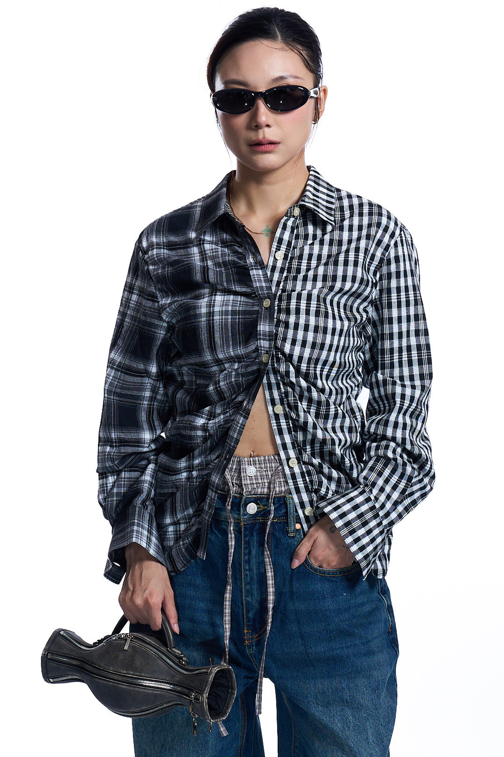 SHIRRED CHECK SHIRT BLACK