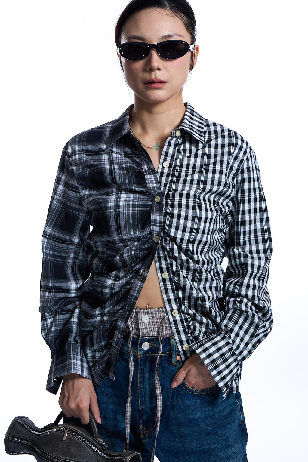 SHIRRED CHECK SHIRT BLACK