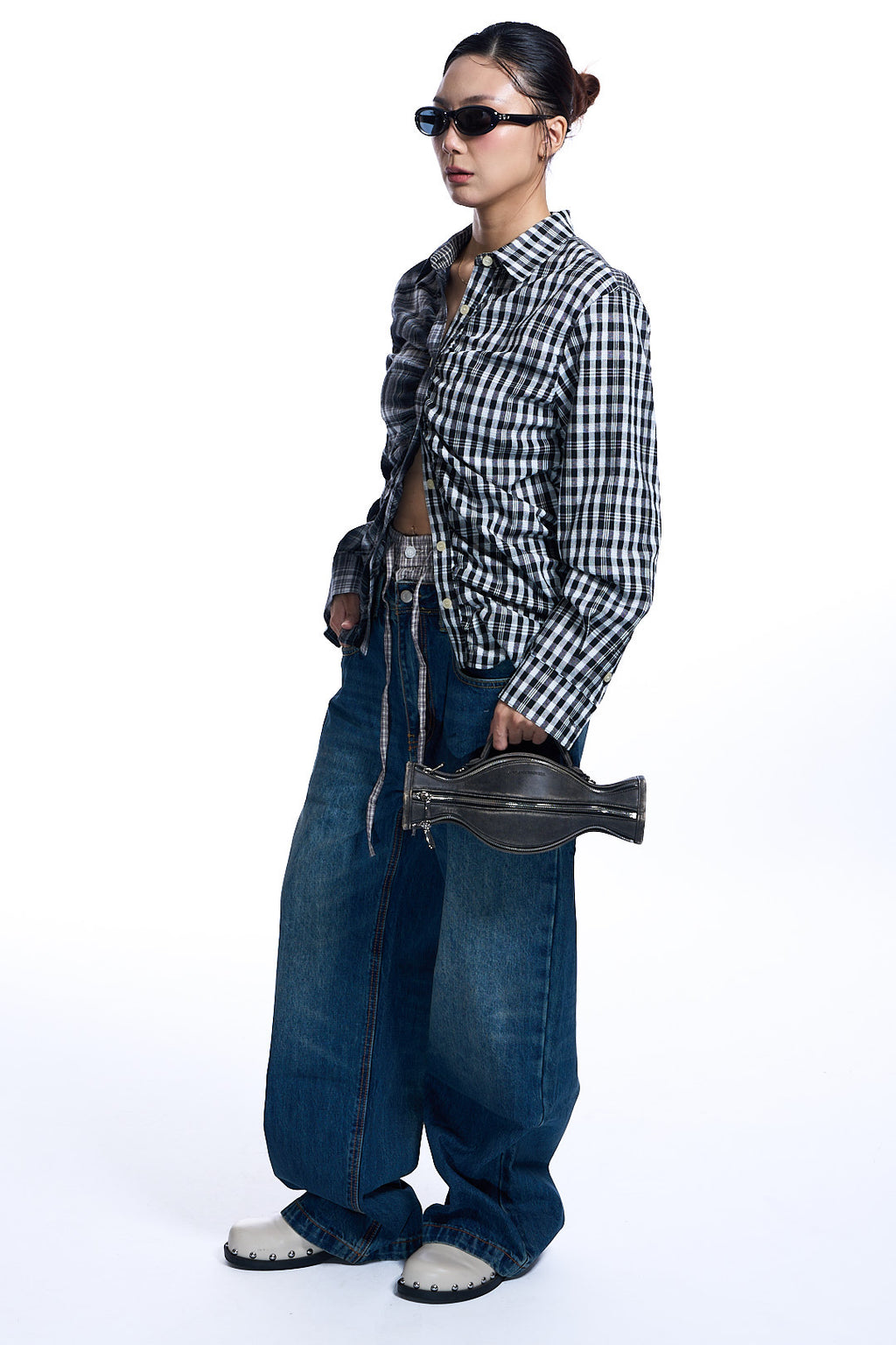 SHIRRED CHECK SHIRT BLACK