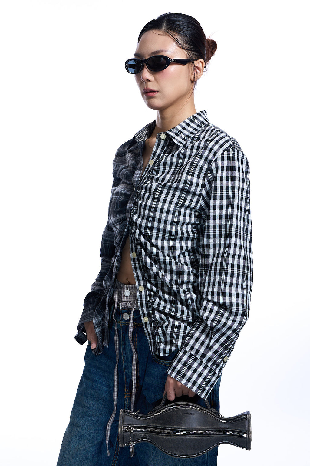 SHIRRED CHECK SHIRT BLACK