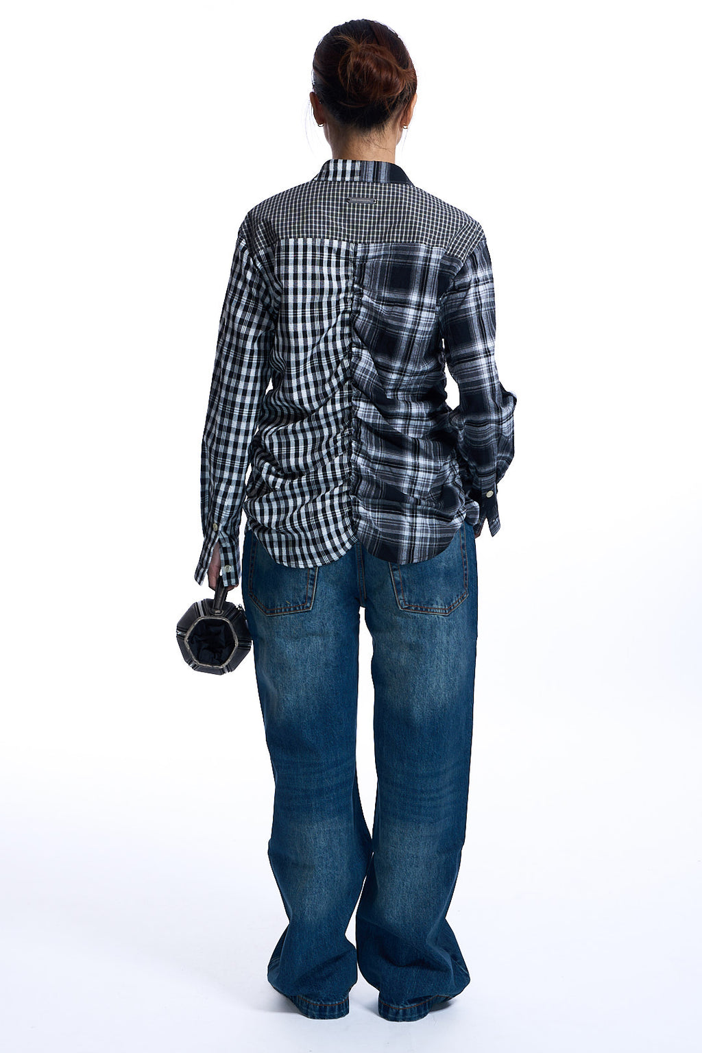 SHIRRED CHECK SHIRT BLACK