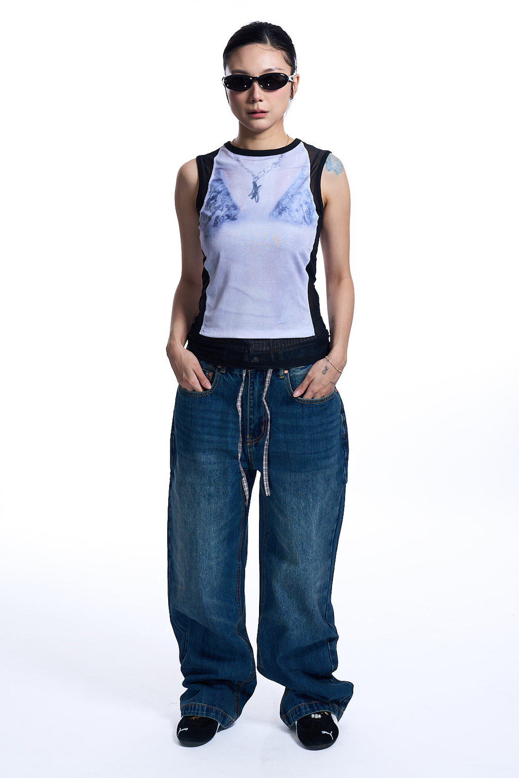 WET-PRINTED SLEEVELESS T- SHIRT WHITE/BLACK