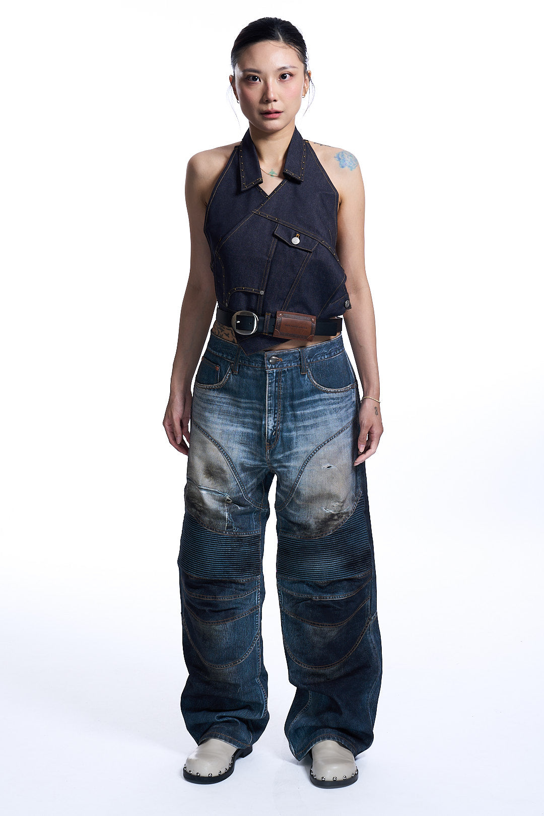 UPSIDE-DOWN INDIGO DENIM HALTER TOP INDIGO