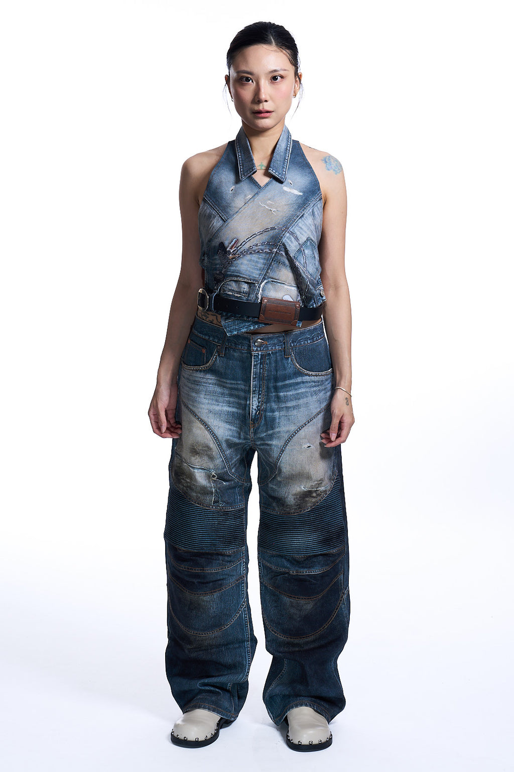 UPSIDE-DOWN PRINTED DENIM HALTER TOP WASHED BLUE