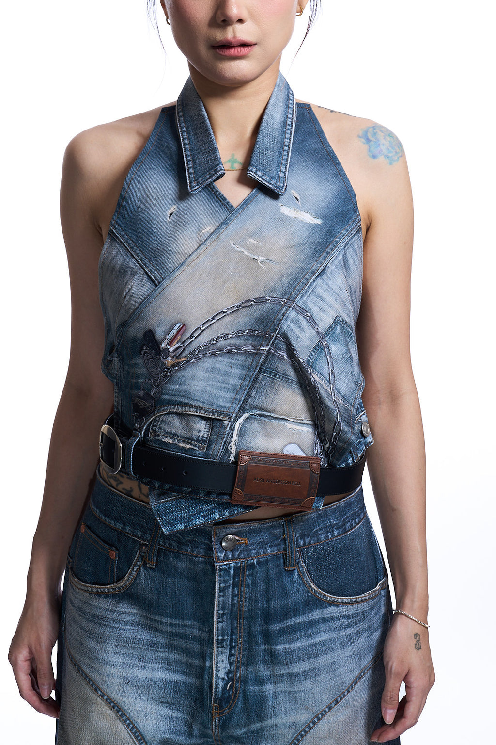UPSIDE-DOWN PRINTED DENIM HALTER TOP WASHED BLUE