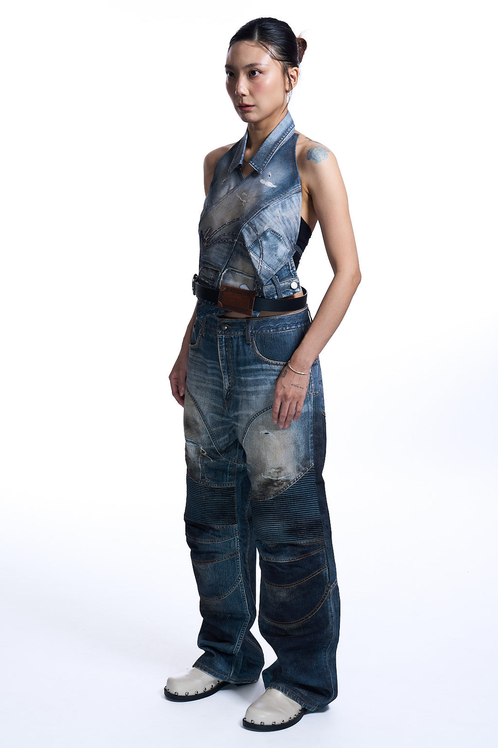 UPSIDE-DOWN PRINTED DENIM HALTER TOP WASHED BLUE