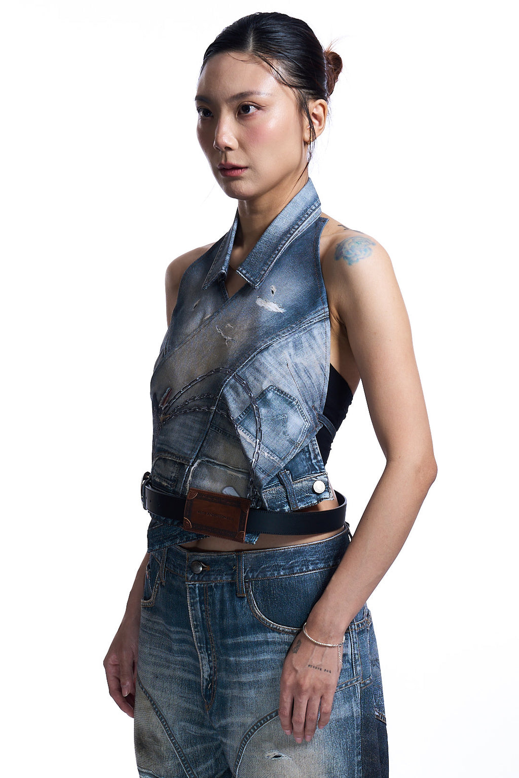 UPSIDE-DOWN PRINTED DENIM HALTER TOP WASHED BLUE