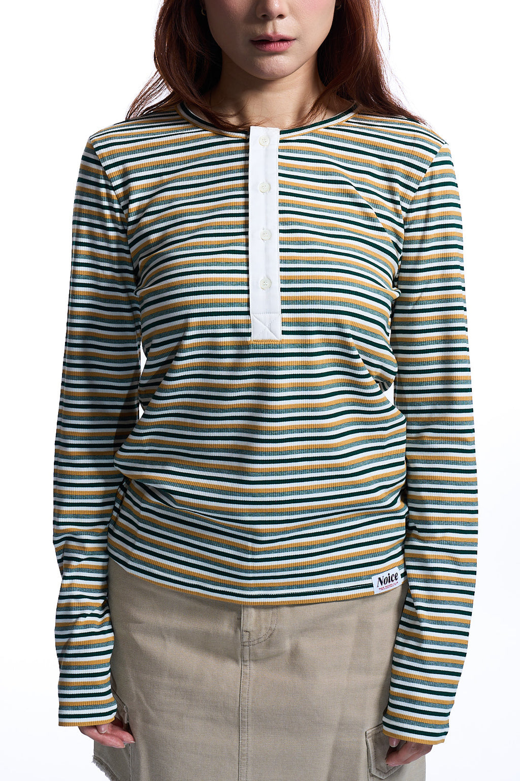 W COTTON RIBBED STRIPED HENLEY NECK GREEN