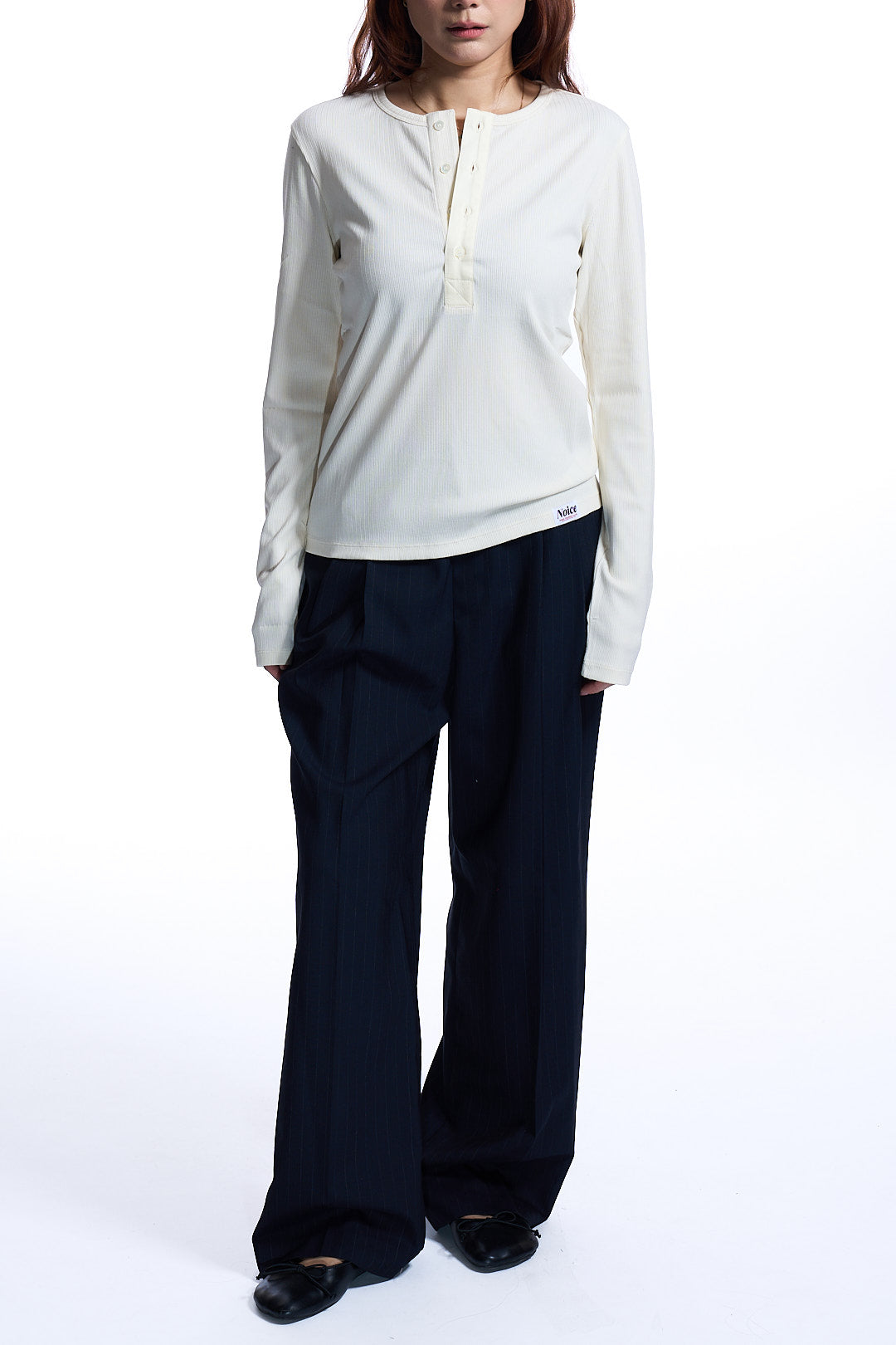 W RIBBED LONG SLEEVES HENLEY NECK IVORY