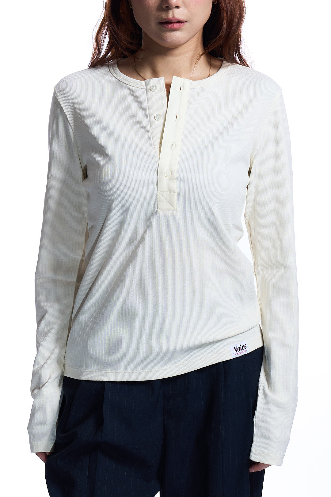 W RIBBED LONG SLEEVES HENLEY NECK IVORY