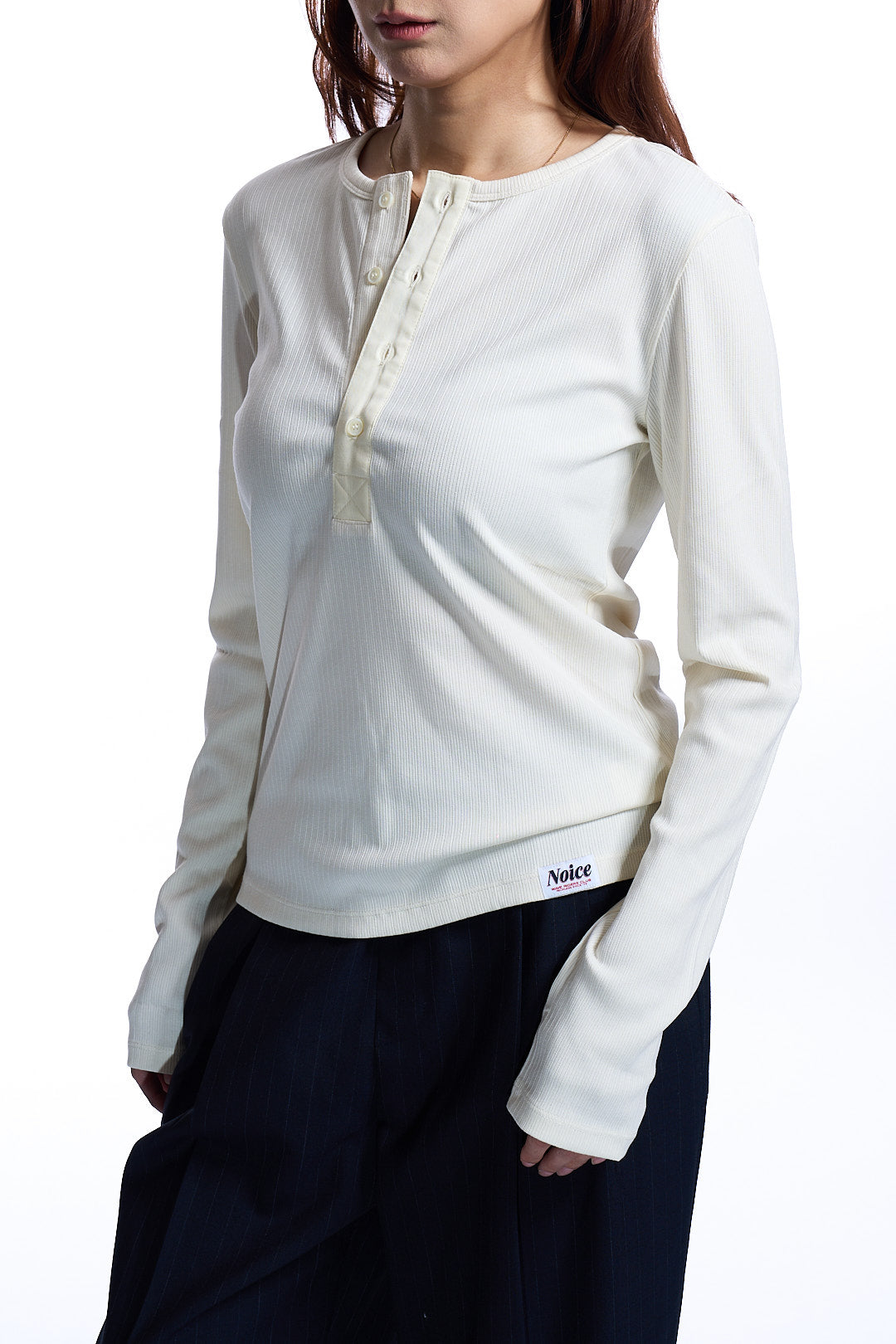 W RIBBED LONG SLEEVES HENLEY NECK IVORY
