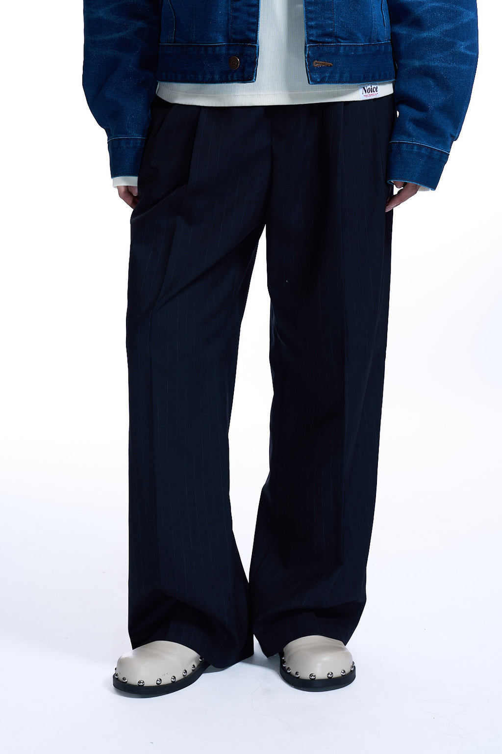 WOOL STRIPED BANDING PANTS BLACK