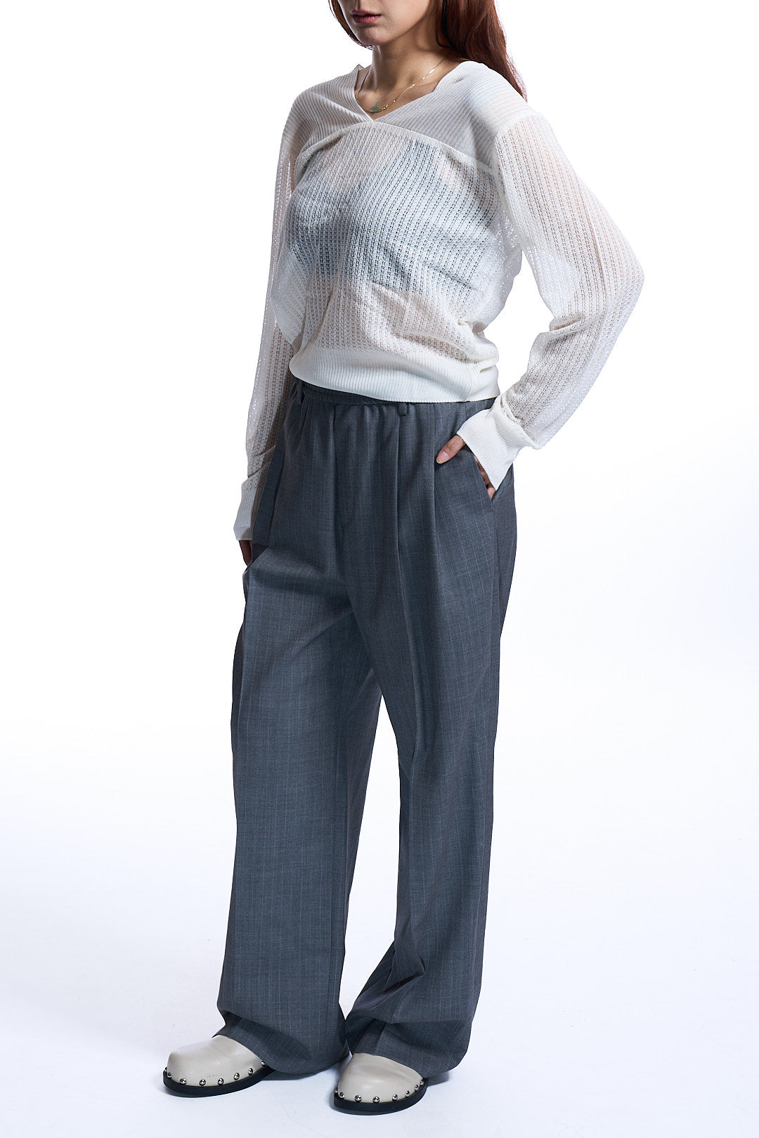 W RIBBED TRANSPARENT KNIT TOP IVORY
