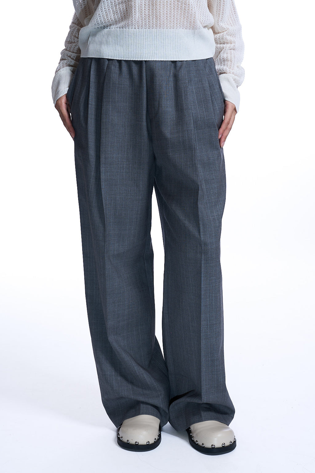 WOOL STRIPED BANDING PANTS GRAY