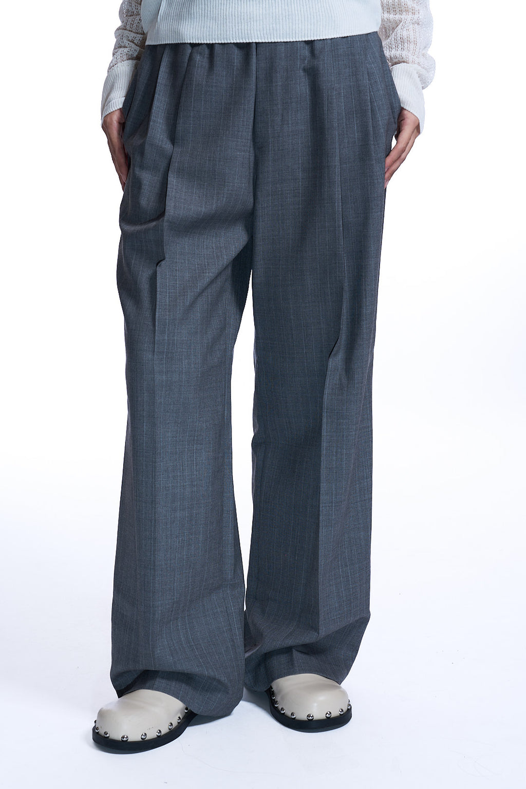 WOOL STRIPED BANDING PANTS GRAY