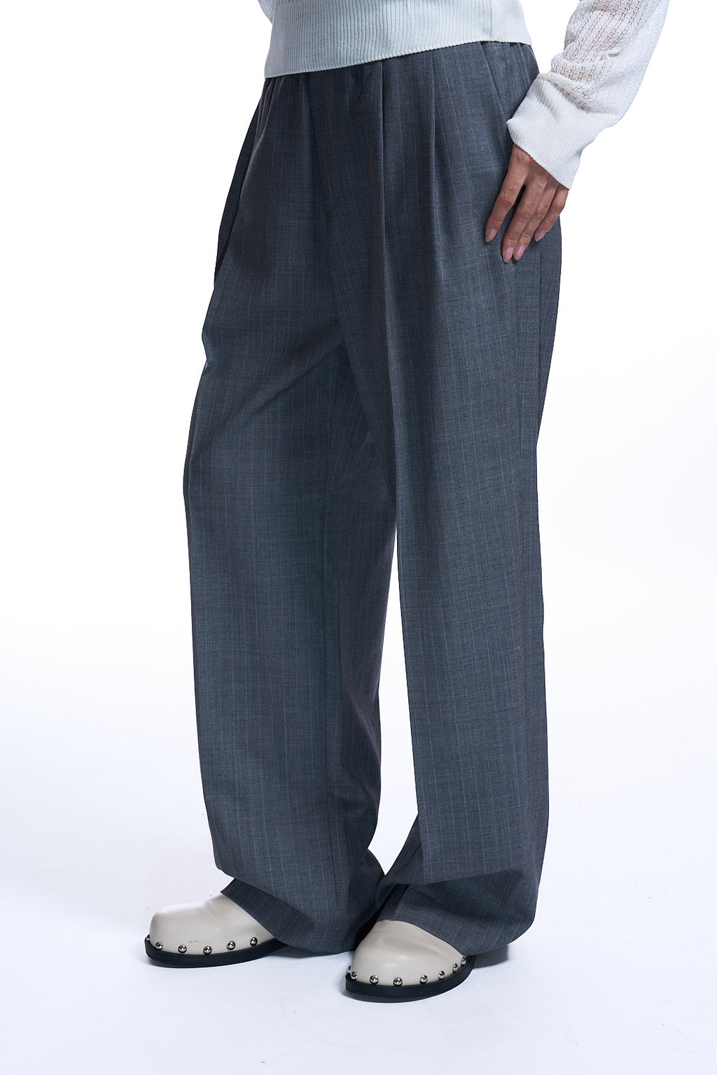 WOOL STRIPED BANDING PANTS GRAY
