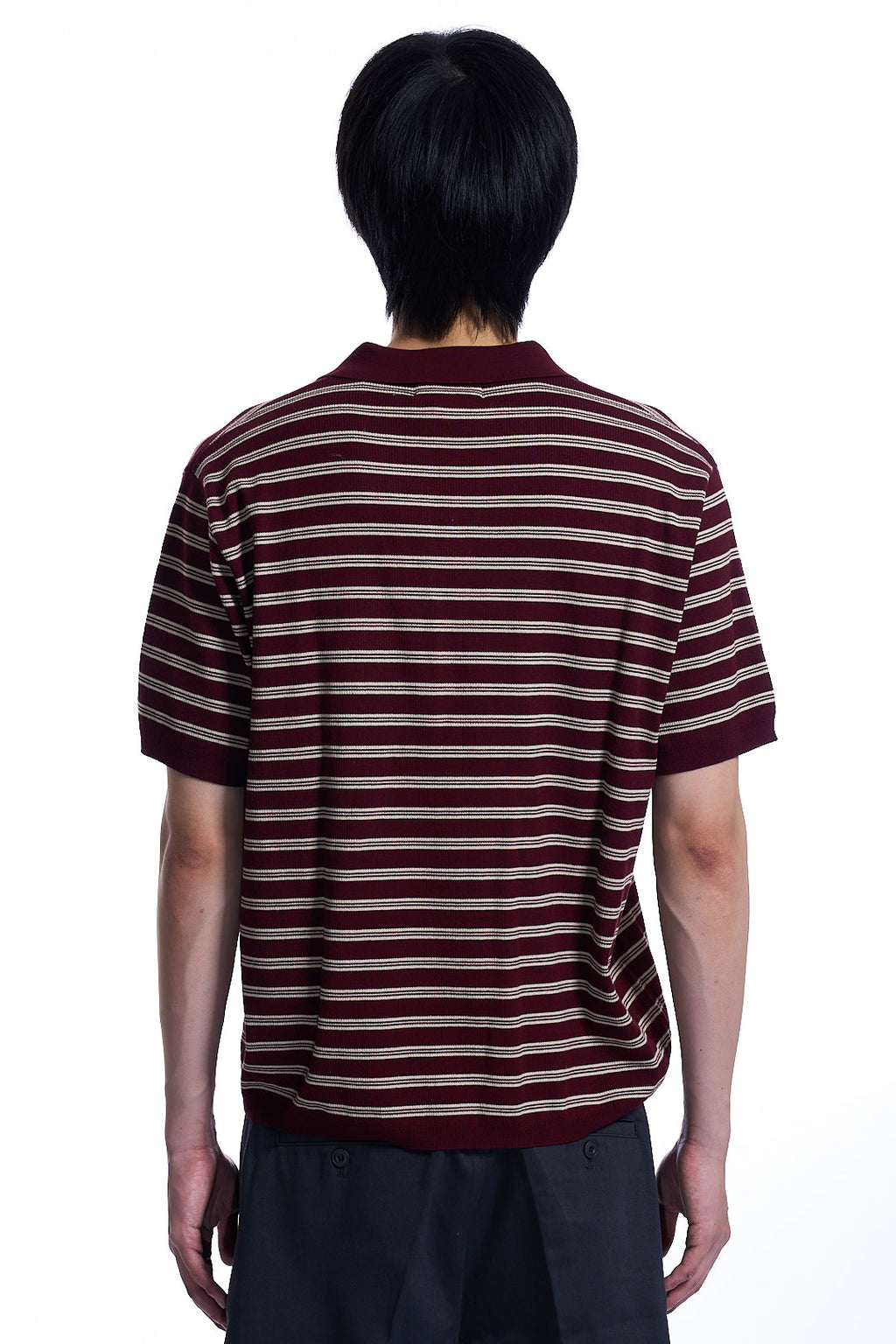 OPEN-COLLAR STRIPE
SWEATER  BURGUNDY