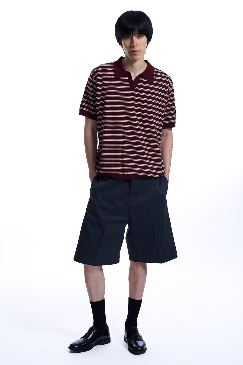 OPEN-COLLAR STRIPE
SWEATER  BURGUNDY