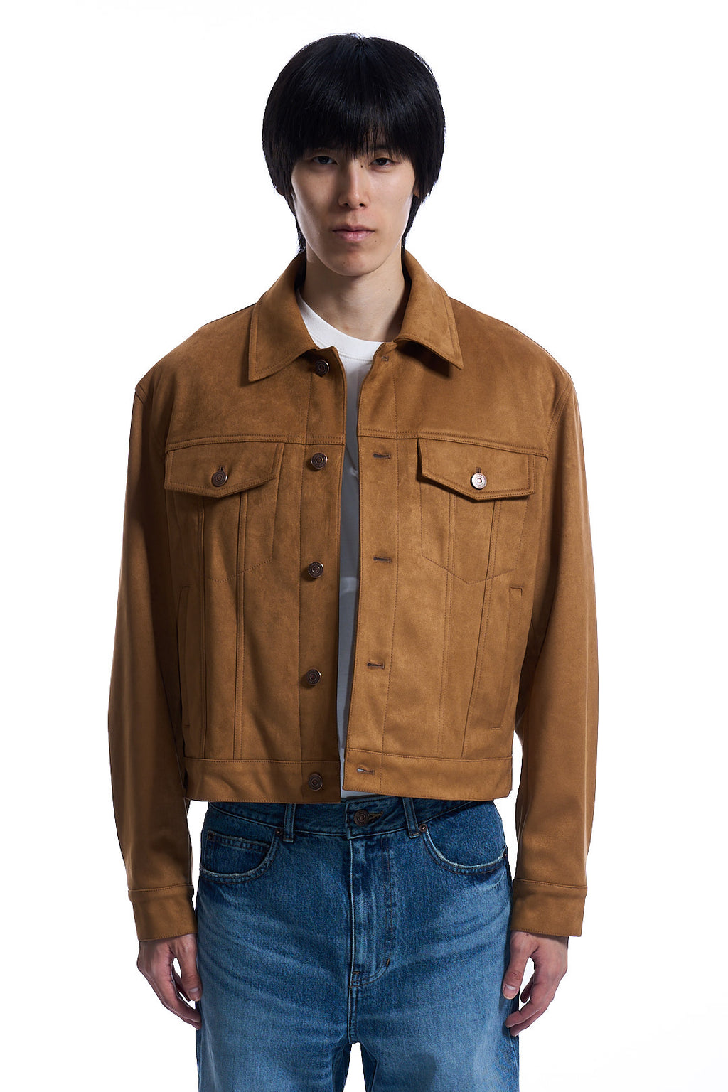 FAUX SUEDE TRUCKER JACKET OLIVE BROWN