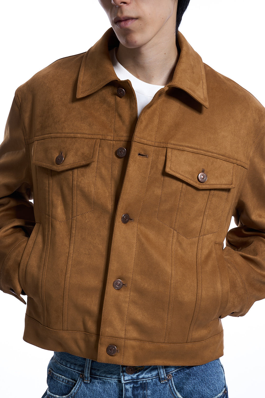 FAUX SUEDE TRUCKER JACKET OLIVE BROWN