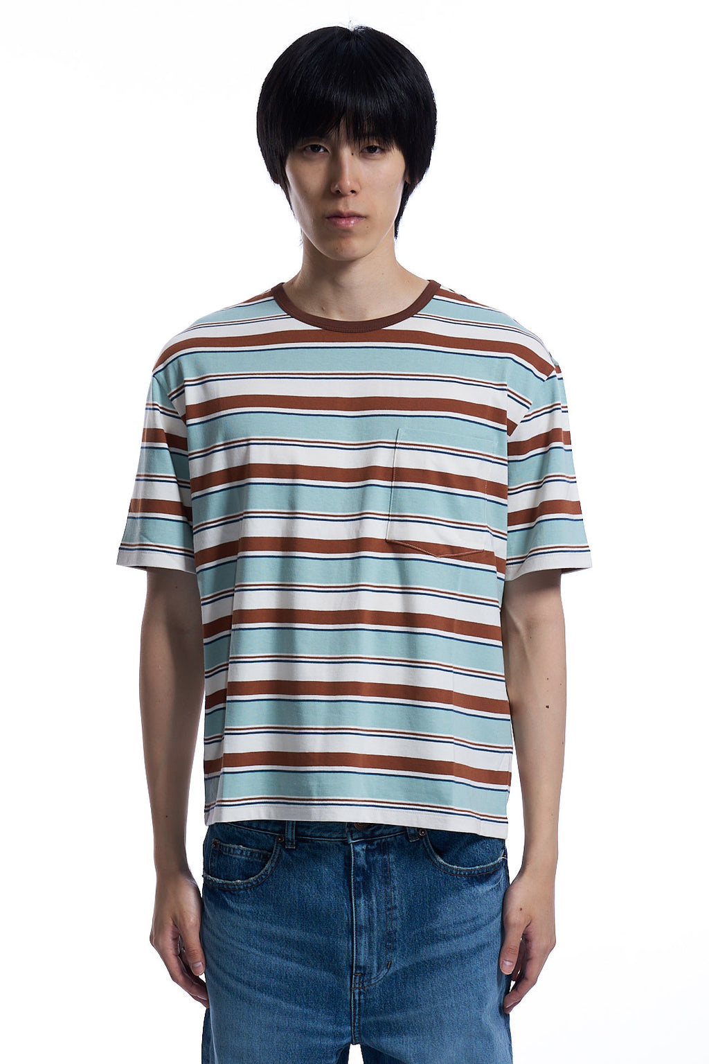 COTTON STRIPED POCKET T-SHIRT LIGHT BLUE