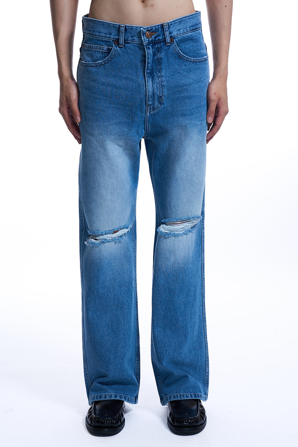 DESTROYED FLARED JEANS BLUE