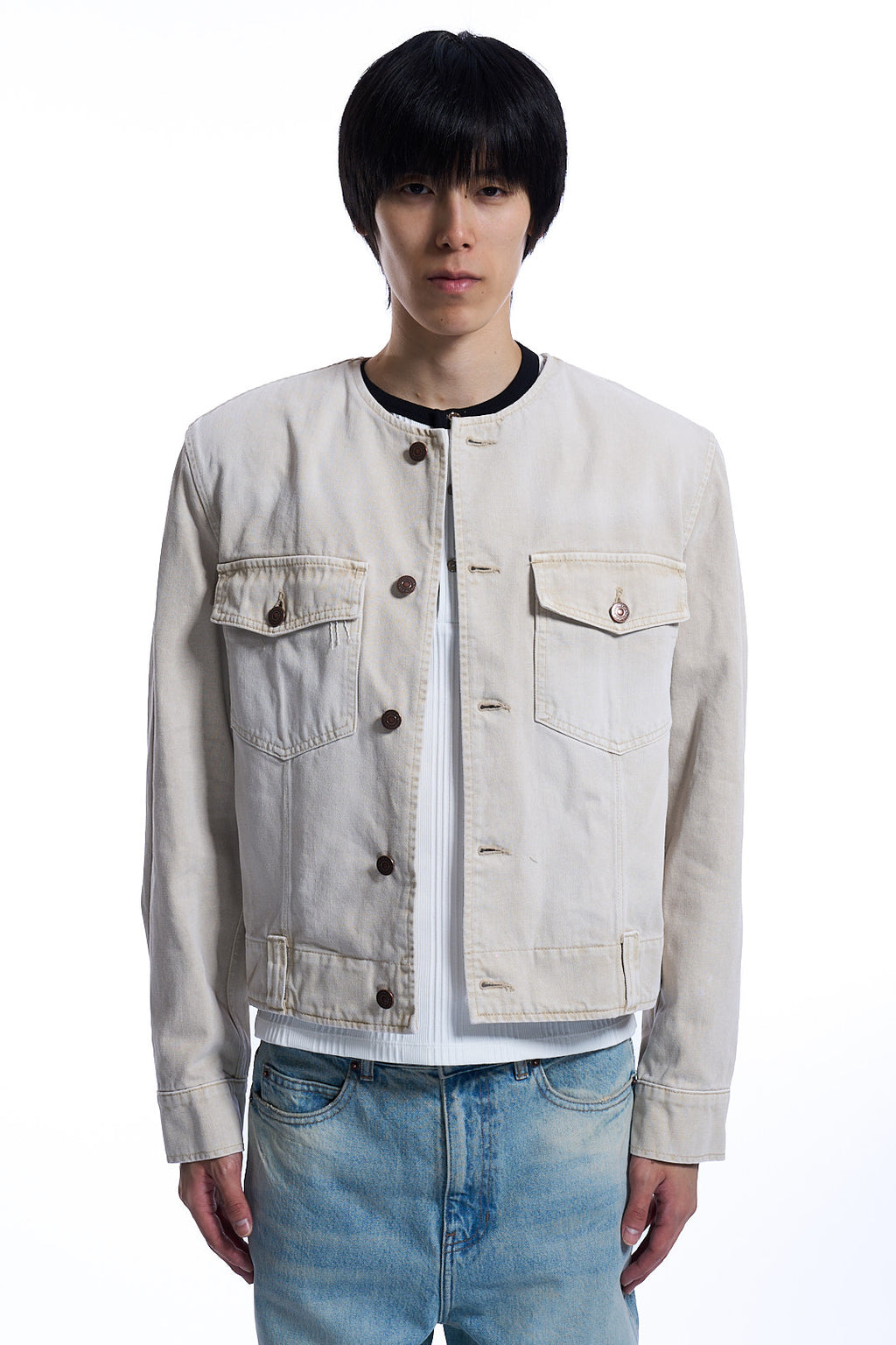 PURE COLLAR PIGMENT WASHED DENIM JACKET BEIGE