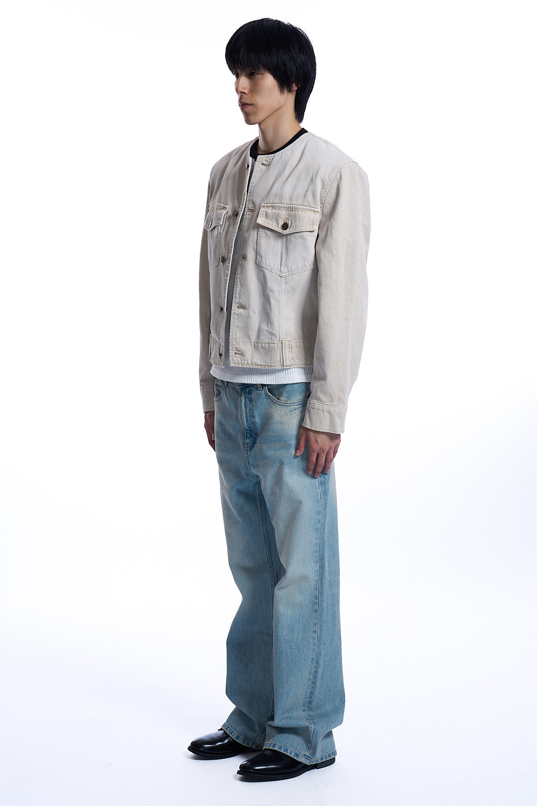PURE COLLAR PIGMENT WASHED DENIM JACKET BEIGE