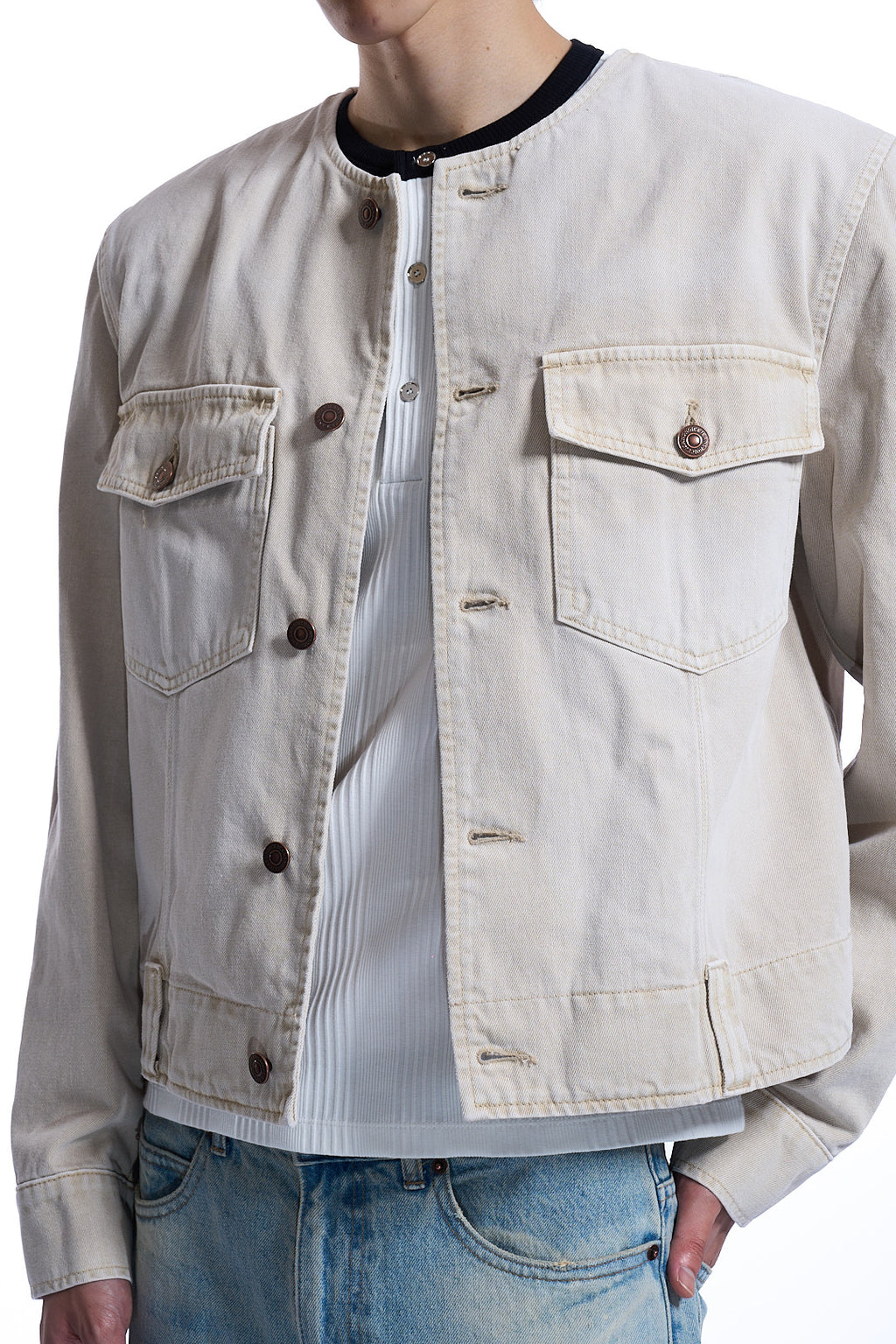 PURE COLLAR PIGMENT WASHED DENIM JACKET BEIGE