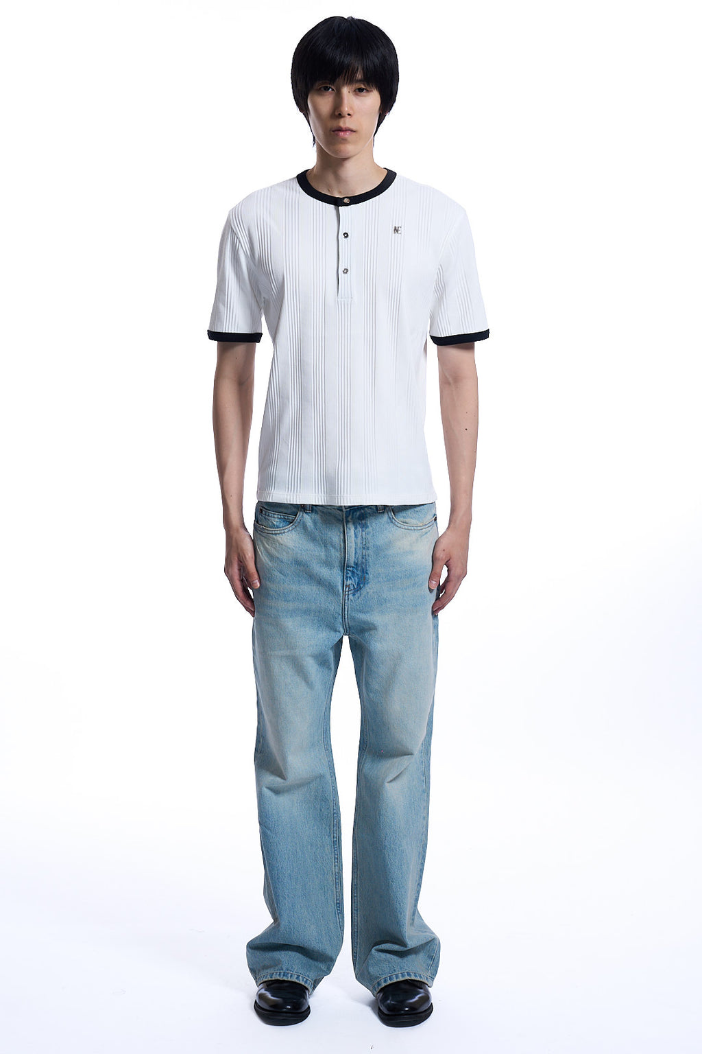COTTON RIBBED HENLEY RINGER T-SHIRT WHITE