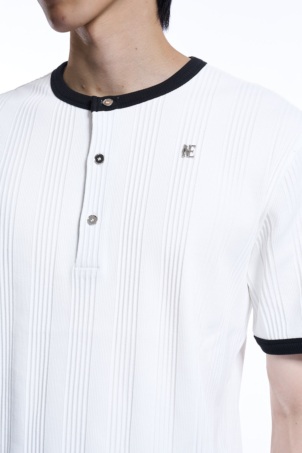 COTTON RIBBED HENLEY RINGER T-SHIRT WHITE