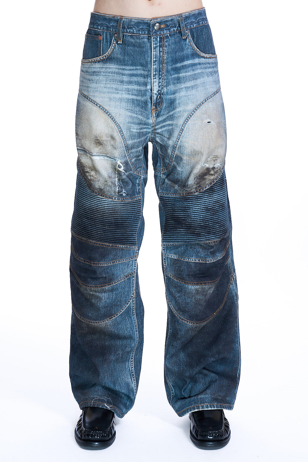 DENIM TROMPE-L'OEIL GRAPHIC BIKER JEANS MID BLUE