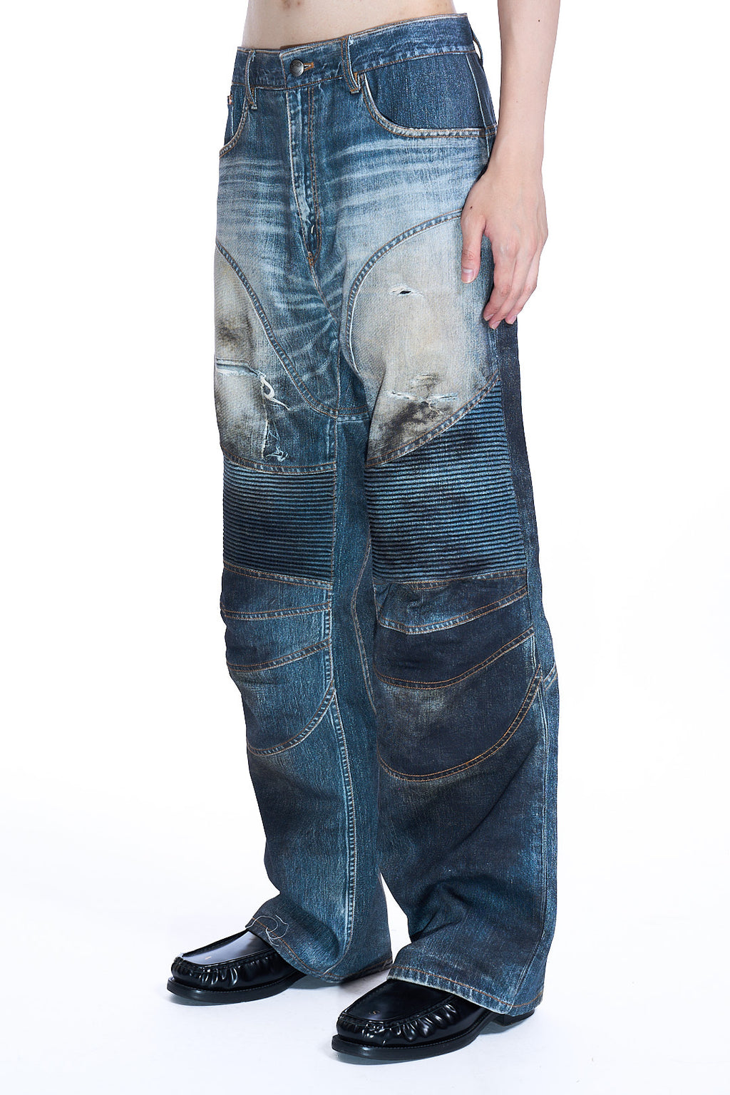 DENIM TROMPE-L'OEIL GRAPHIC BIKER JEANS MID BLUE
