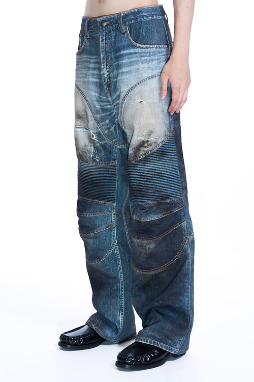 DENIM TROMPE-L'OEIL GRAPHIC BIKER JEANS MID BLUE