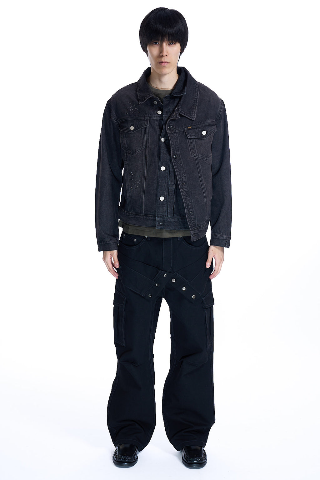 UNISEX ASYMMETRIC LAYERED BEADS DENIM JACKET BLACK