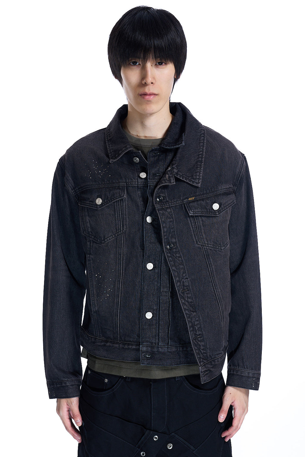 UNISEX ASYMMETRIC LAYERED BEADS DENIM JACKET BLACK