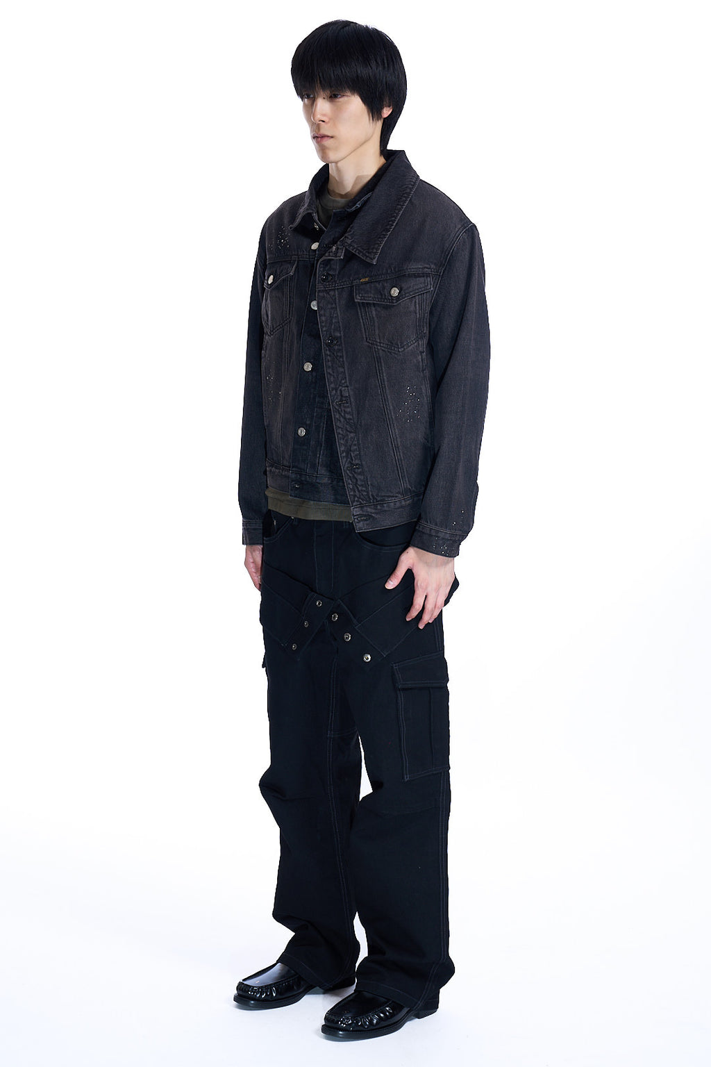 UNISEX ASYMMETRIC LAYERED BEADS DENIM JACKET BLACK