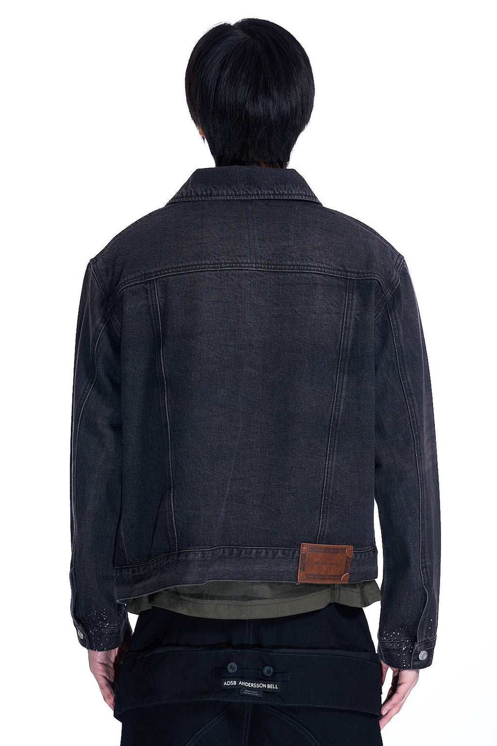 UNISEX ASYMMETRIC LAYERED BEADS DENIM JACKET BLACK
