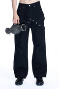 UNISEX DOUBLE WAIST WORK WIDE-LEG JEANS BLACK