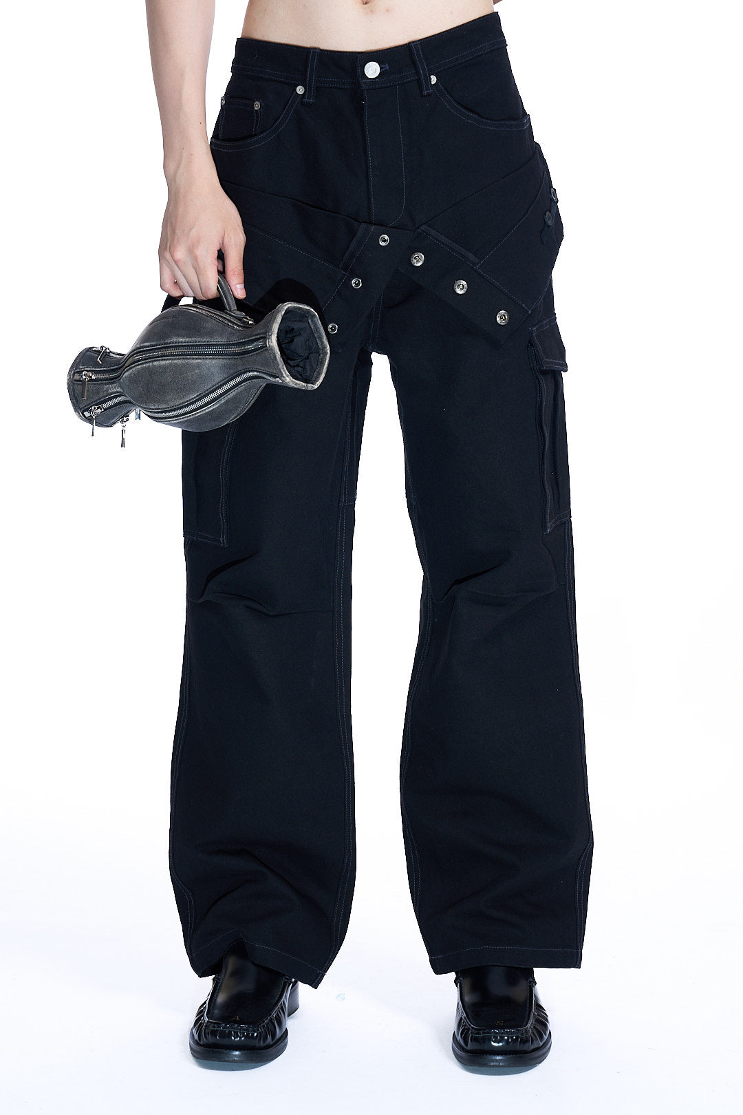 UNISEX DOUBLE WAIST WORK WIDE-LEG JEANS BLACK