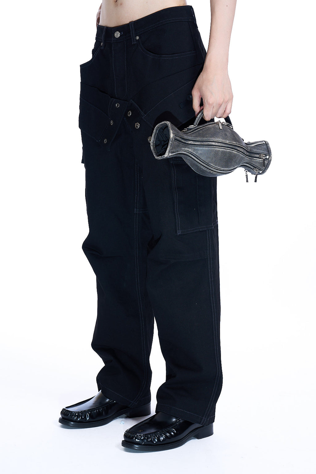 UNISEX DOUBLE WAIST WORK WIDE-LEG JEANS BLACK